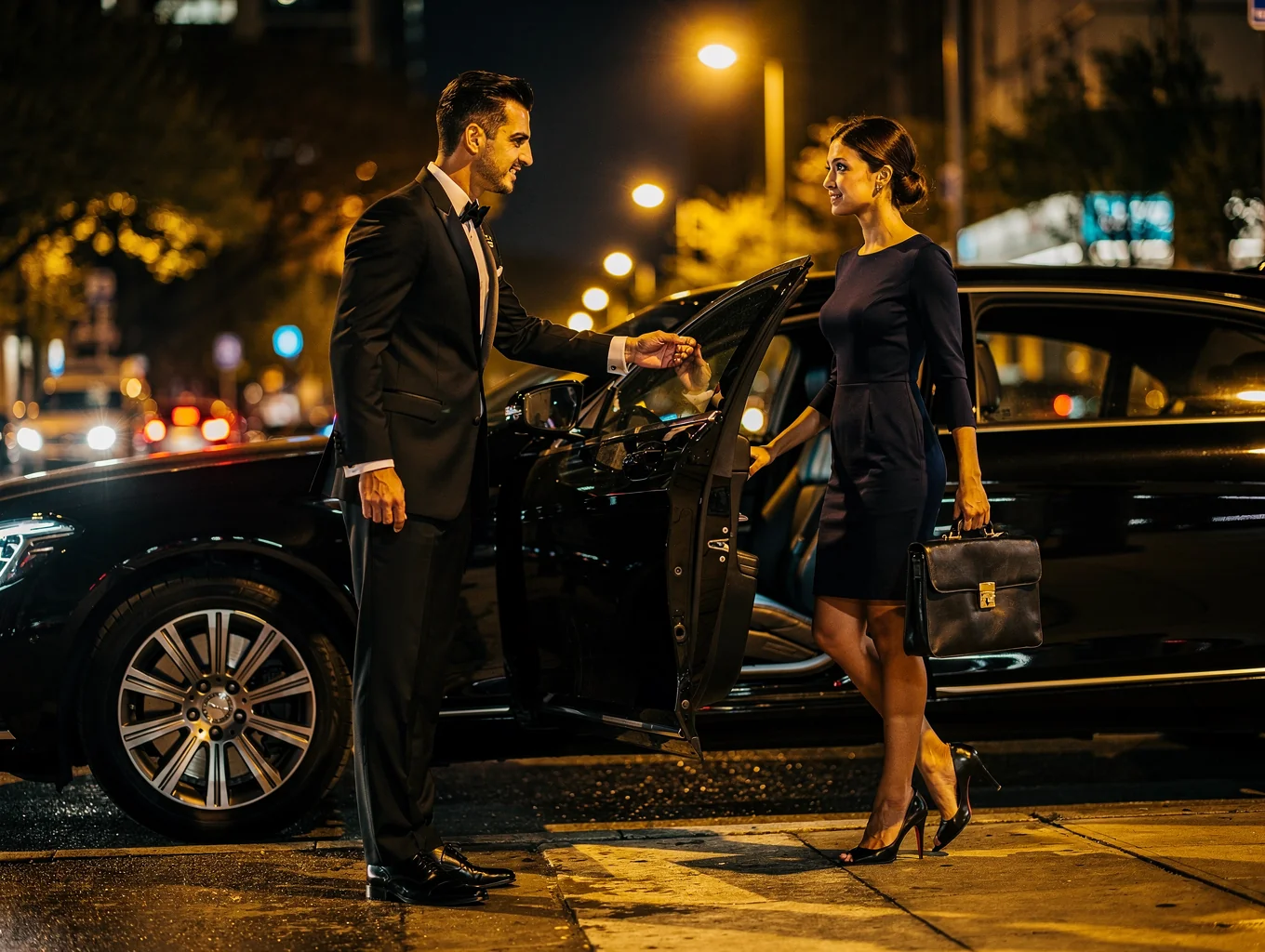 Chauffeur greeting client at vehicle